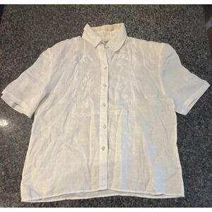 Ishyu Womens 100% Linen Embroidered Short Sleeve Button Down Shirt Cream Size 8